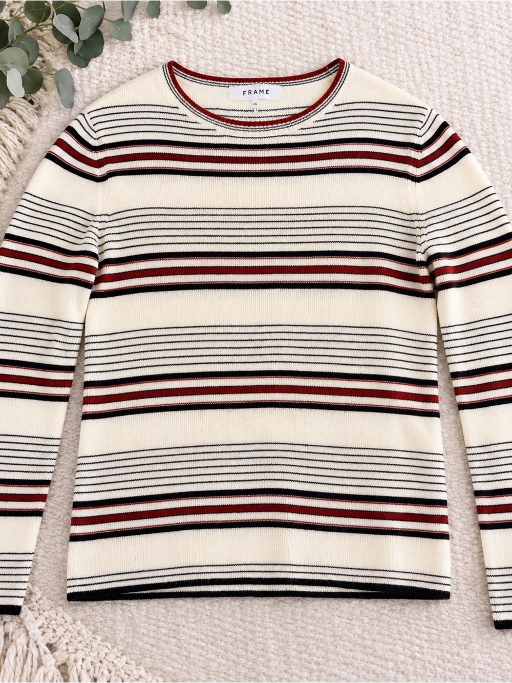 Frame Denim Cream Striped Crewneck Sweater with Burgundy and Black Accents